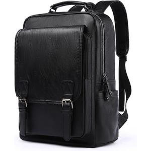 Leather Backpack fits 15.6 Inch Laptop Vintage Backpack Waterproof Flap Bookbag for Men Leather Travel Backpack for Men Casual Knapsack Black