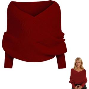 Knitted Scarf with Sleeves for Women Multifunctional Shrugs Sweater Wrap Fall Winter Fashion Crochet Cape Shawl (Red, M)