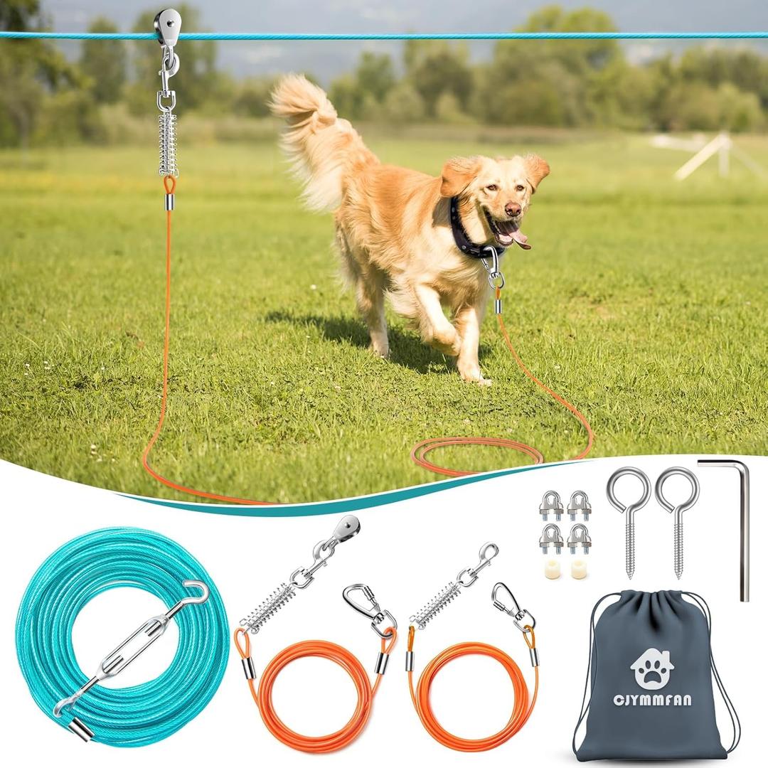 Professional Dog Runner Trolley SystemHeavy Duty & Adjustable 175ft Dog Zip Line with 10ft & 15ft Tie Out for Large Dogs Up to 250lbs, Chew Proof Dog Run Cable for Yard, Camping & Outdoor Adventure (Ice Blue + Orange)