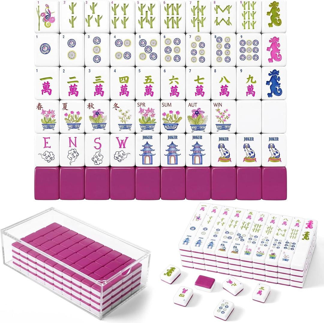 Soulchen American Mahjong Tiles Set with Acrylic Storage Case and 2 Dice, 166 Blue and White Porcelain Engraved Melamine Mahjong Tiles Rose Pink Mah Jong Game for Adults Family Game Night Travel, 1.2 x 0.9 x 0.5 inches