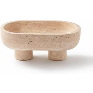 WILD WORKS Travertine Fruit Bowl, 10.2" Oval Beige Stone Serving Bowl for Kitchen Counter & Dining Table, Handcrafted Decorative Centerpiece with Non-Slip Feet for Home Decor