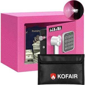 Safe Box for Home Safe (0.23 Cubic Feet) with Fireproof Bag, Personal for Money Safe for Cash Saving, Mini Safety with Key, Digital Safety with Light, Money Lock Box (Pink)