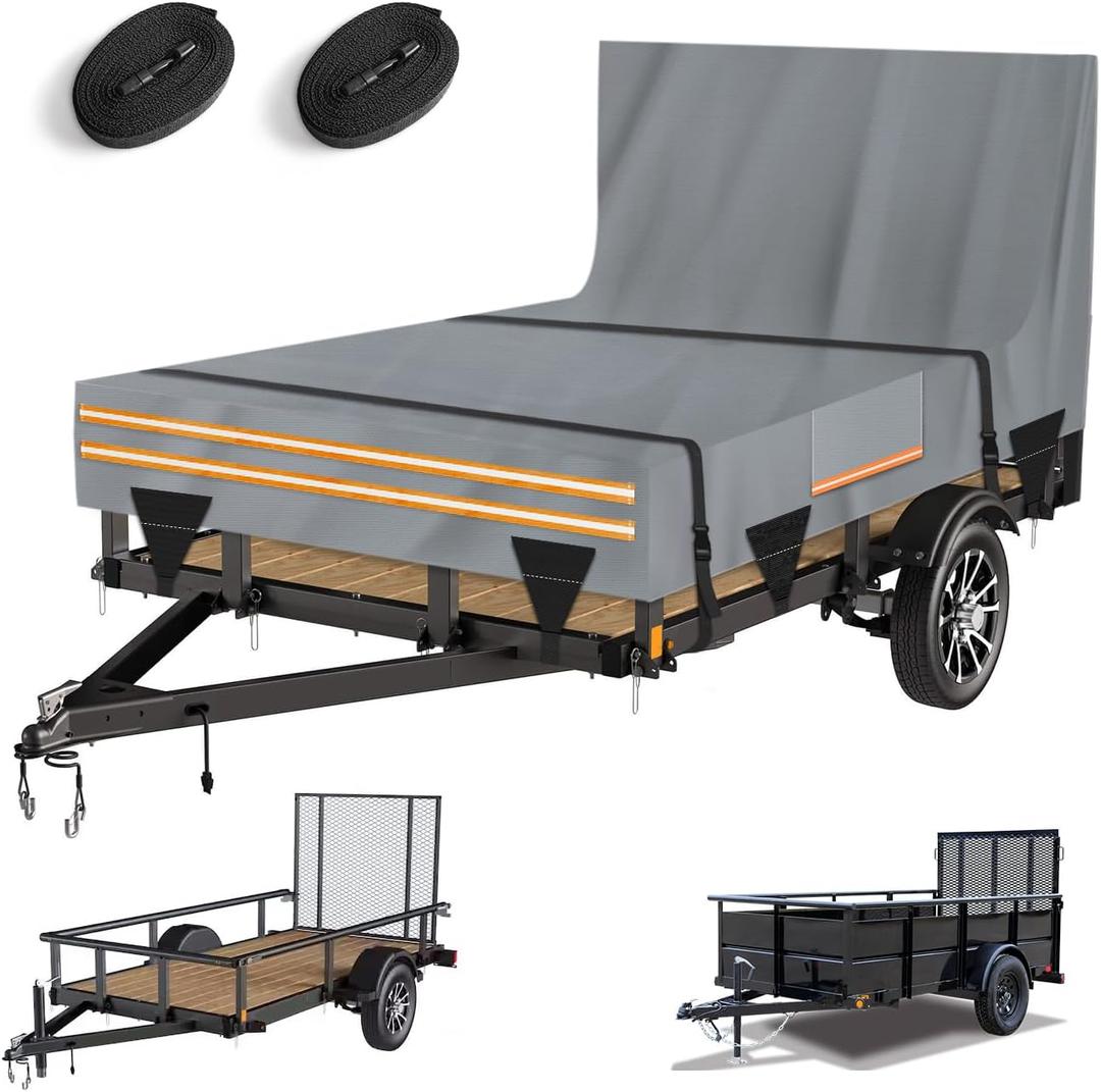 SKYJDM 5 x 10 All-Weather Protectiondproof Utility Trailer Cover, Heavy Duty 600D Waterproof Cover with Rear Landscape/Tailgate Ramp with Windproof Ropes Fits 5 x 10 FT Trailers, Light Gray