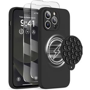 Magnetic for iPhone 14 Pro Case, Compatible with MagSafe, [Full Camera Protection][2 Screen Protectors], Magnet Suction Cup Phone Mount Shockproof Liquid Silicone Phone Case 6.1", Black