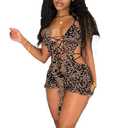 Molilove Womens Cheetah Print Romper Mesh Sexy Sleeveless Bodycon Shorts Leopard Romper Hollow Out Y2K One Piece Outfits M