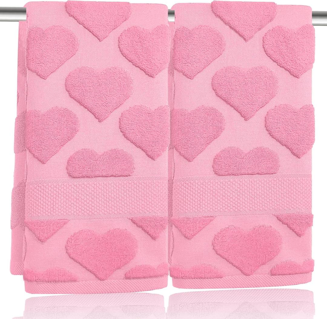 2 Pcs 3D Heart Valentines Day Hand Towels for Bathroom 100% Cotton Pink Jacquard Decorative Bath Towels Holiday Kitchen Dish Towels Valentines Bathroom Decor Gift 13.7 x 29.5 Inch (Pink)