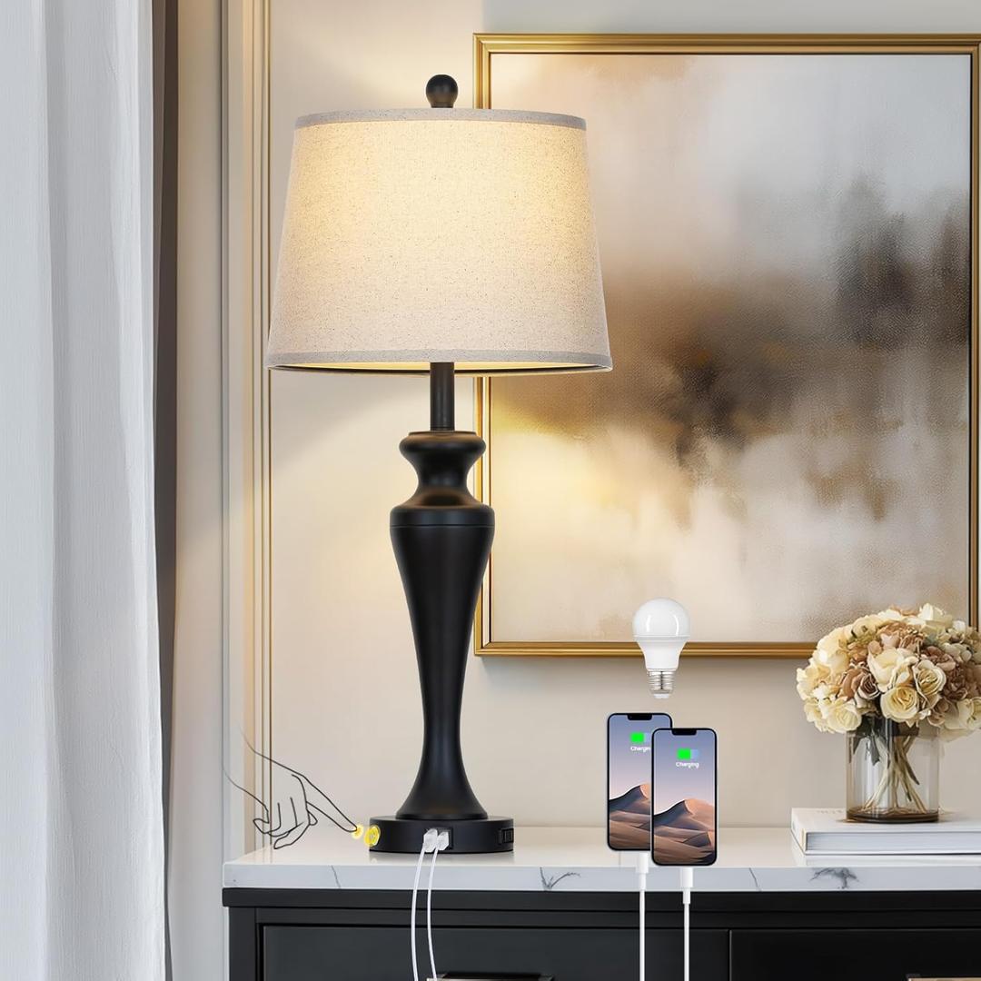 30 Inch Black Table Lamp Single, 3-Way Dimmable Touch Control Living Room Lamps with USB A+C Ports and AC Outlet, Tall Bedside Lamps for Nightstand, Modern Metal Bedroom Lamp, Bulb Included