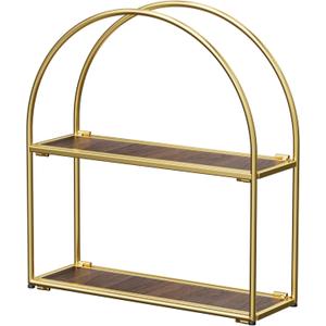 Crofy Gold Arched Frame Wall Shelf, Decorative 2 Tier Bathroom Wall Shelf with Walnut Finish Shelves and Robust Storage Capacity, 6" D x 17.9" W x 19.18" H