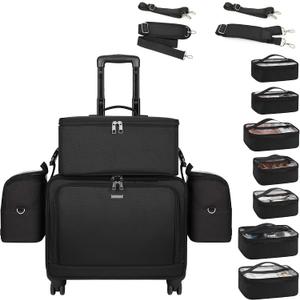 TANTO Rolling Makeup Train Case, Professional Makeup Case on Wheels Makeup Artist Bag With 7 Small Bag 4 in 1 Extra Large Cosmetics Organizer Cosmetology Case With Swivel Wheels & Adjustable Dividers,  Large