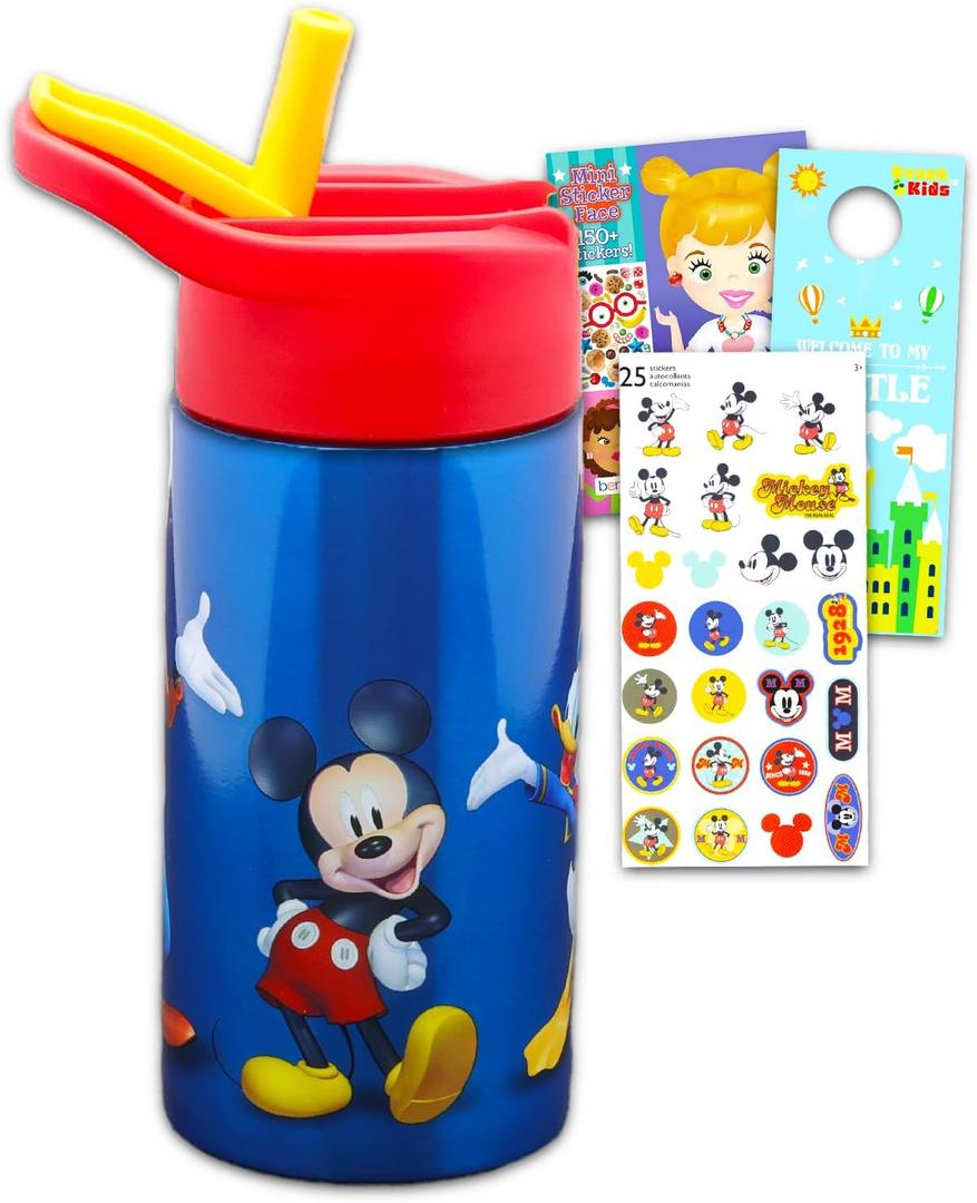 Disney Mickey Mouse Stainless Steel Water Bottle for Boys - Bundle with Mickey Mouse Reusable Water Bottle for Home, School, Plus Stickers, More | Mickey Mouse Water Bottle