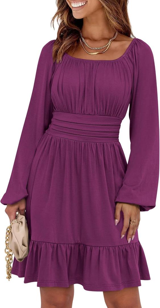 ANRABESS Womens Dress Long Lantern Sleeve Square Neck Elastic Waist Ruffle Flowy Swing A-Line Short Dresses 2025 Fall Fashion (Deep Purple), S
