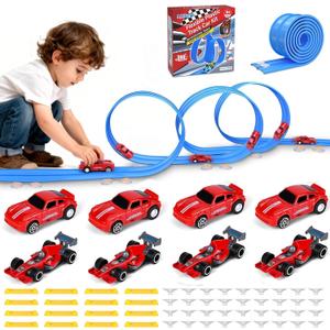 20Ft Extra Long Flex Tracks for Kids,Flexible Race Car Track Set with Powerful Pull Back Cars,Suction Cups Compatible with Diecast 1/64th Car Toy,Rolls Up Portable Race Tracks for Ages 3 & Up