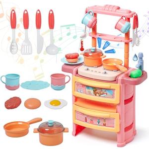 Prextex Plastic Pretend Girls Play Kitchen Set - Multi-Color Kitchen Playset with Dishwasher and Oven - Stove with Lights and Sounds - Working Faucet with Water Circulation