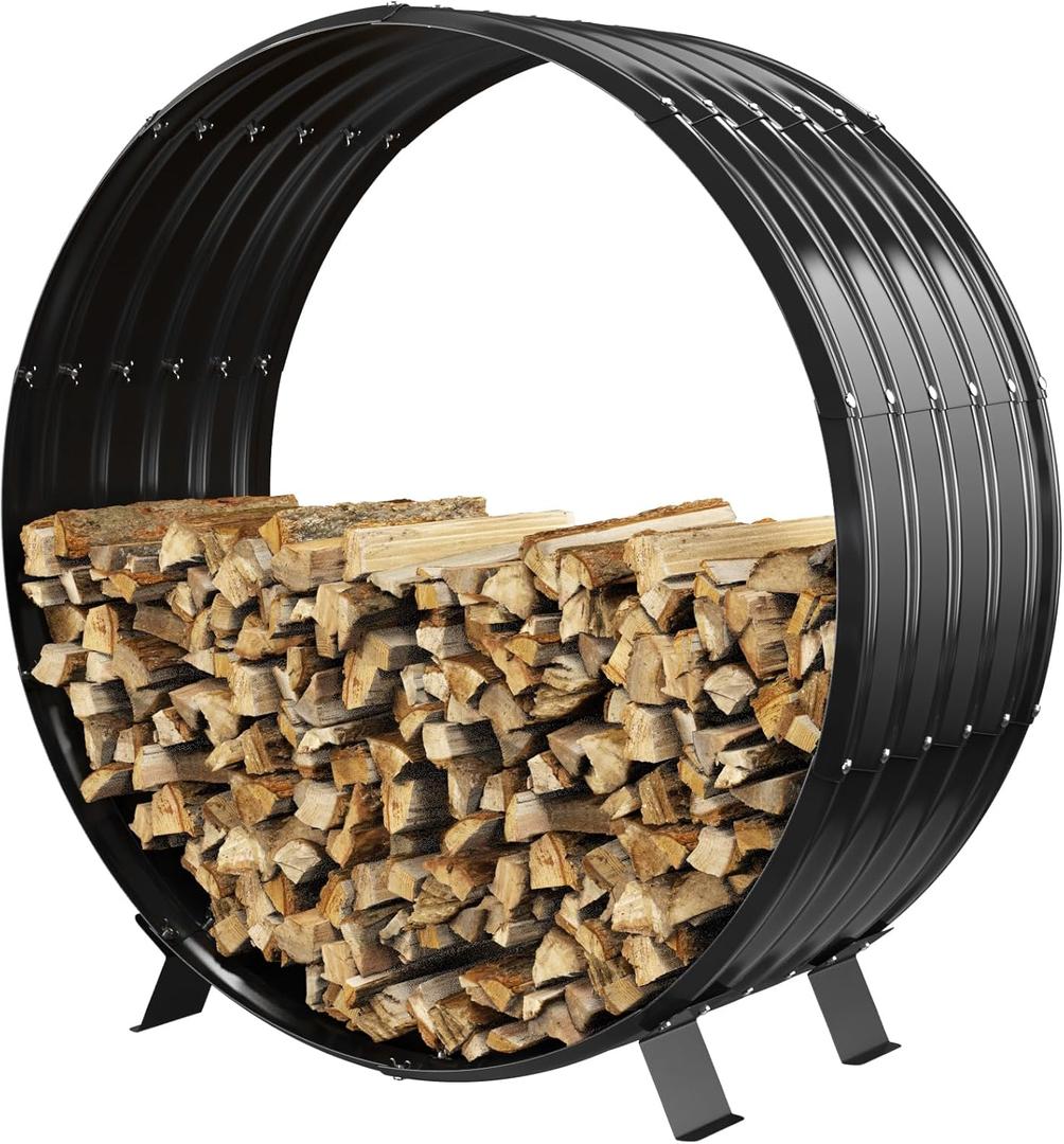 Round Heavy Duty Firewood Rack  Galvanized Wave-Shaped Steel with 4 Sturdy Legs  0.8mm Thick Black Coated  Indoor or Outdoor Wood Holder for Fireplace,Patio & Deck Fire Pit (3.3FT Diameter)