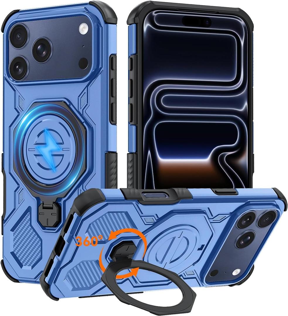 Magnetic for iPhone 17 Pro Max 6.9" Case, Compatible with MagSafe, Full Body Rugged Case with Upgraded 360° Spin Magnetic Invisible Ring Stand & Kickstand (Blue)