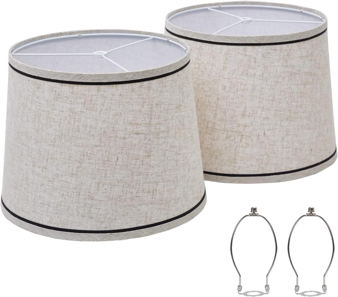 Drum Lampshades Set of 2, Fabric Lampshades for Table & Floor Lamps, Medium Size 13" Top x 11" Bottom x 10" High, Natural Linen Hand Crafted, Lamp Shade Harp Holder Included