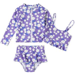 DREAM BUS Toddler Girls Long Sleeve Swimsuit 3 Piece Rashguard Set with Bikini Top Baby Girls Bathing Suit Swimwear (Size: 4-5T, Purple)