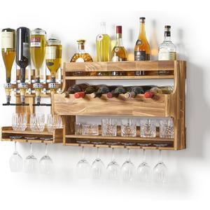 Wood Wine Rack Wall Mounted, Liquor Bottle Display Shelf for The Home Bar,Wine and Liquor Wall Rack with Glass Holder,Rustic Bar Shelves with 4-Bottle Whiskey Liquor Dispenser