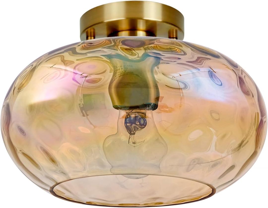 Brass Gold Semi Flush Mount Ceiling Fixture 11" Hammered Glass Shade Modern Close to Ceiling Lighting 1-Light Art Lampshade for Hallway Foyer Bedroom