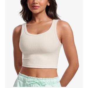 CRZ YOGA Womens Ribbed Longline Sports Bra - U Neck Padded Yoga Cami Workout Crop Tank Top Built in Pads Size M , White
