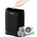 1.8 Gallons Small Stainless Steel Trash Can with Press Type Lid, Slim Bathroom Garbage Bin, Removable Liner Bucket, Dog Proof Narrow Wastebasket with Pop-Up Lid for Bedroom, Toilet (Matte Black)