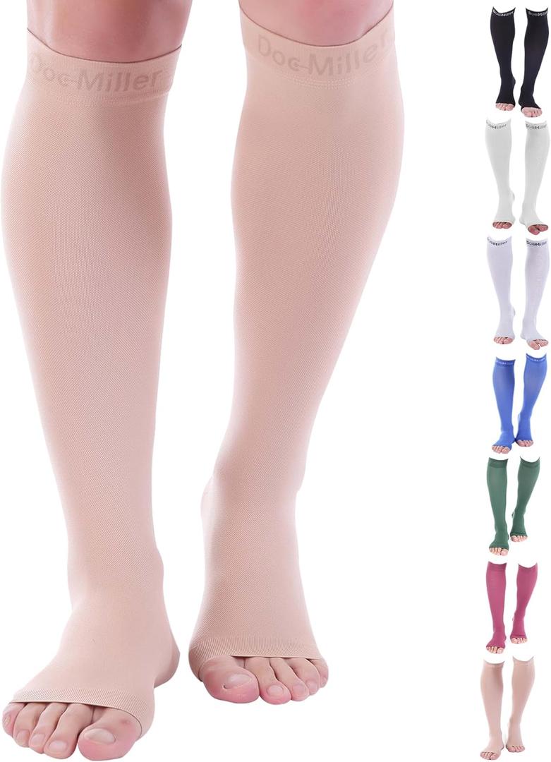 Doc Miller Open Toe Compression Socks, 20-30 mmHg, Toeless, Support Circulation, Shin Splints, Calf Recovery, Post Op, Knee High, Medical Grade, Nude/Skin Socks, 3X-Large Size for Men & Women, Pair (Skin/Nude)