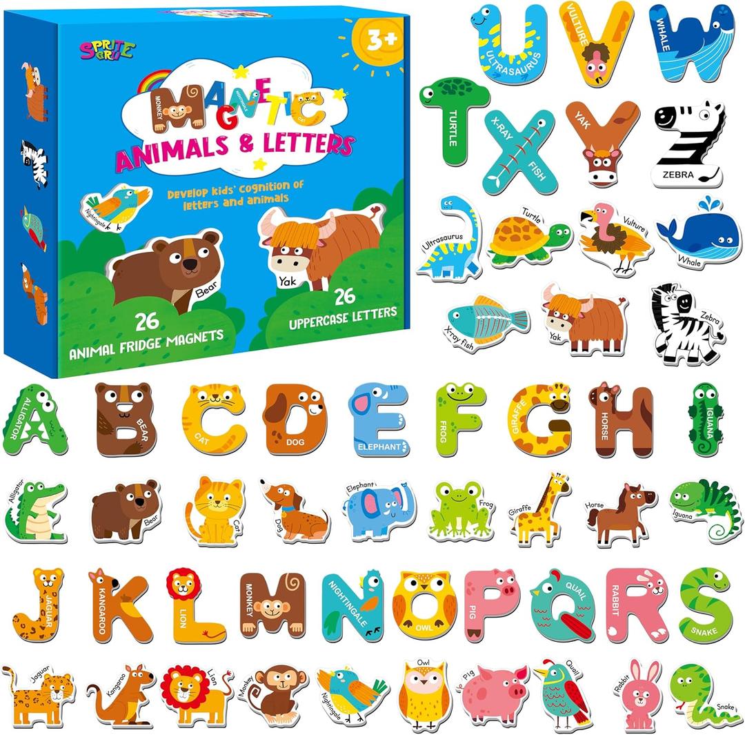 52PCS Letters & Animal Magnets, Magnetic Alphabet Animals Fridge Decors for Toddlers Educational A-Z Learning Toy Refrigerator Magnets for Kids 3 4 5 Years Old