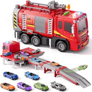 Fire Trucks Toy Set for Boys Age 3-5 4-7, Fire Car Truck for Toddlers 3 4 5 6 Years Old, Transport Truck Christmas Birthday Gifts Race Car Sets, Kids Toddlers Firetruck Toys with Light Sound Shooting