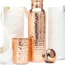 Authentic Ayurvedic Copper Water Bottle (34oz/1000 ml) w/Copper Tumbler for Drinking Water, Carrying Bag & Deco Sleeve | Lab-Tested, Leak-Proof