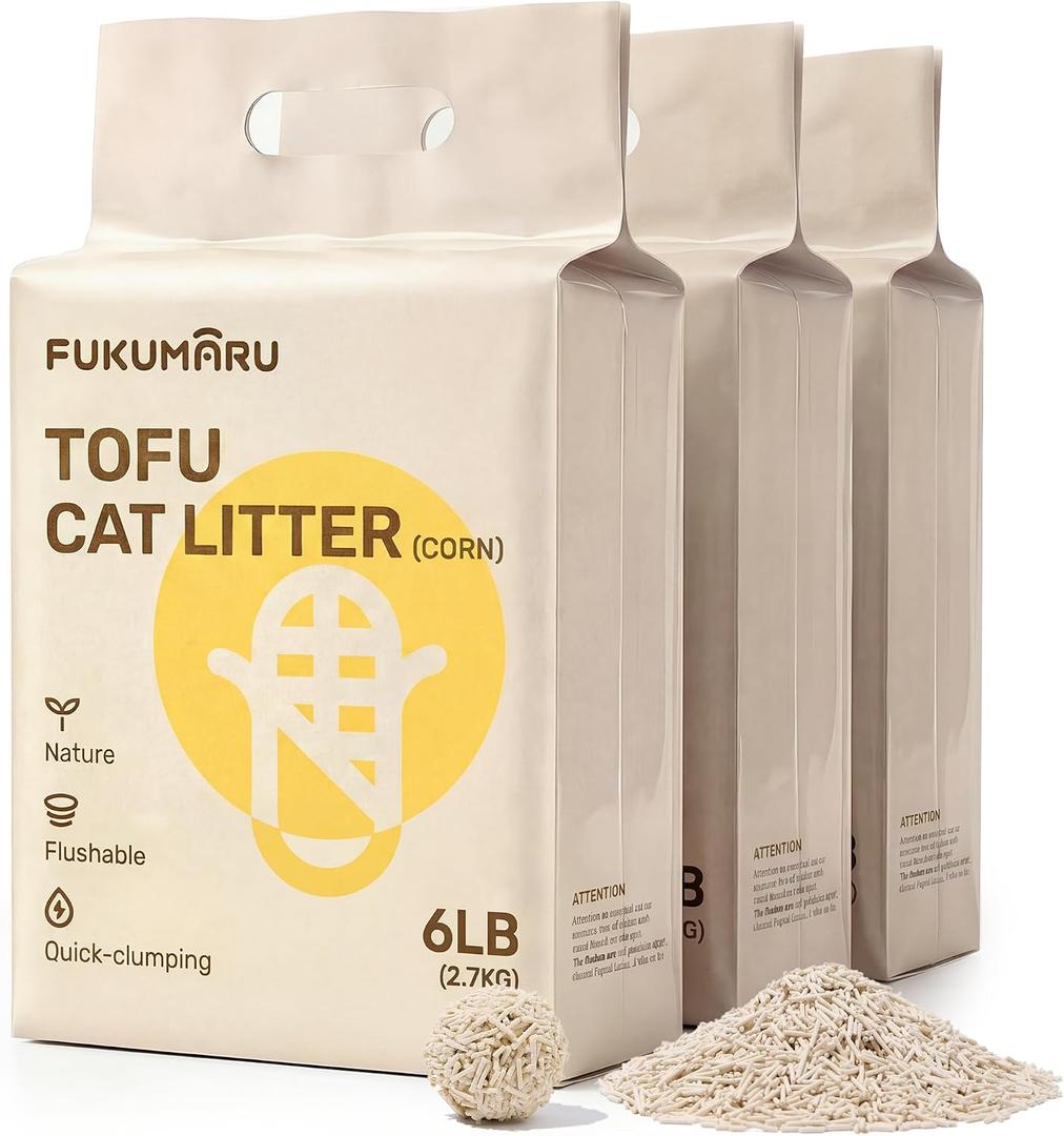 FUKUMARU Tofu Cat Litter - Natural Lightweight Unscented Cat Litter Pellets, Dust Free Quick Clumping, Effective Odor Control, Flushable, Low Tracking, 18 LBS (3 Packs)