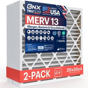 BNX TruFilter 20x20x4 (19.5 x 19.5 x 3.63 Slim Fit) MERV 13 Air Filter (2-Pack) - MADE IN USA - Air Conditioner HVAC AC Furnace Filters Health, Allergies, Mold, Bacteria, Smoke, MPR 1900 FPR 10