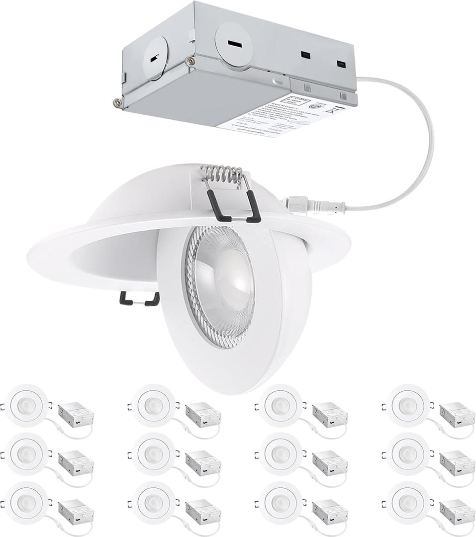 4 inch LED Gimbal Recessed Light, 9W 750lm Eyeball Sloped Ceiling Task Lighting, Soffit Wafer Indoor Directional Lighting, 90 Tilt and 360 Rotation Recessed Lighting 4 inch White 12Pack