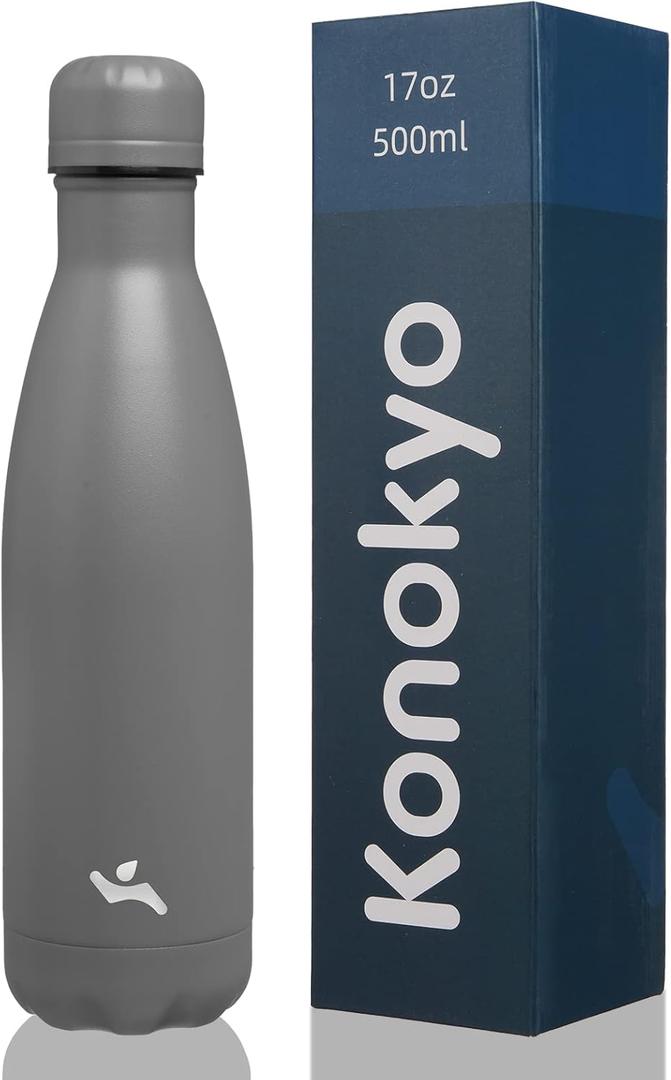 Konokyo Insulated Water Bottles,17 oz Double Wall Stainless Steel Vacumm Metal Flask for Sports Travel,Gray