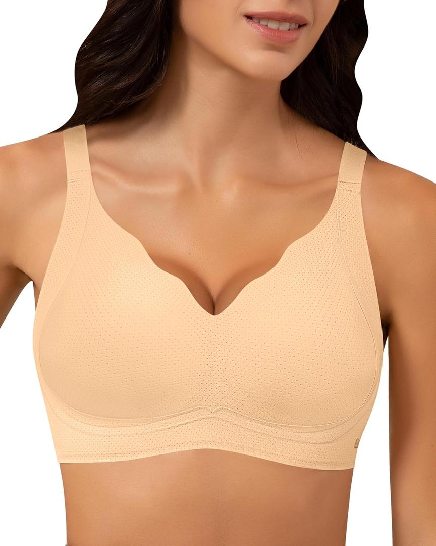 Wireless Bra Women Seamless Push Up Support Comfort V Neck Full Coverage Sleep T-Shirt Everyday Bras (Beige, L)