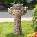 Glitzhome 2-Tier Stone Like Outdoor Water Fountain with Birds, Bird Bath Outdoor Waterfall Fountain Decor, Freestanding Water Fountains with Pump for Garden Yard Patio Porch, 24.41H