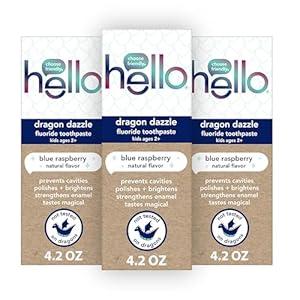 hello Dragon Dazzle Blue Raspberry Kids Toothpaste, Fluoride Toothpaste, Ages 2+, No Artificial Sweeteners, No SLS, Gluten Free, Vegan, Pack of 1, 4.2 OZ Tubes