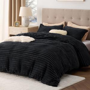 Bedsure Fluffy Duvet Cover Set - Ultra Soft Plush Shaggy Comforter Cover Queen Size, Warm Flannel Fleece Bed Sets for Winter, 3 Pieces (Striped Pattern, Black) (Queen (90" x 90"))