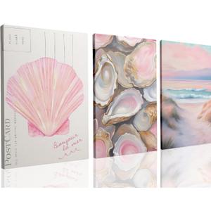 Framed Preppy Coastal Canvas Wall art Pink Beach Daughter Aesthetic Room Wall Decor Shells Oyster Paintings Picture Summer Poster Print for Girls Room Girls Dorm Home Decoration 24"16"