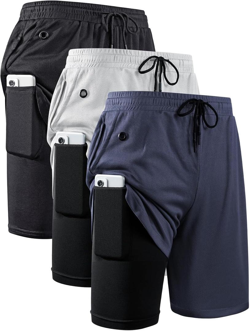 JWJ Mens 2 in 1 Running Shorts Quick Dry Gym Athletic Workout Clothes with Side Pockets (Large, 3 Pack-Black/Grey/Navy)