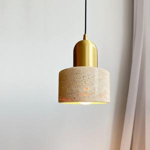 Natural Stone Shade Cylinder Pendant Light Brass Hainging Light Kit Retro Mini Pendant Lamp Nordic Pendant Lighting for Kitchen Island (Gold)