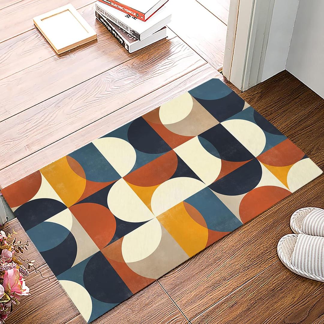 Bathroom Rugs Navy Blue Orange Beige Middle Century Modern Geometric Soft Plush Microfiber Memory Foam Bath Mat Non-Slip Washable Shower Mats for Bathtub Sink Floor Mat 16x24Inch