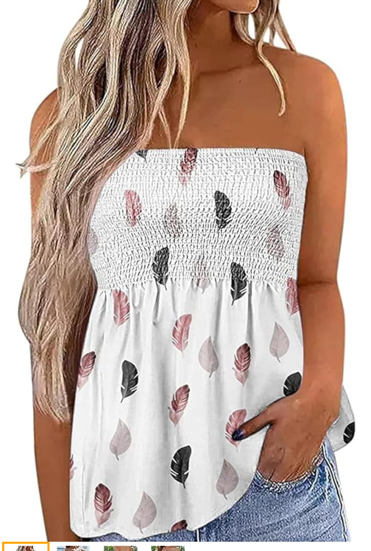 SZSMFZ Womens Smocked Strapless Bandeau Tank Tops Floral Tube Tops Backless Bandeau Tunic Tops Sleeveless Shirts, XL