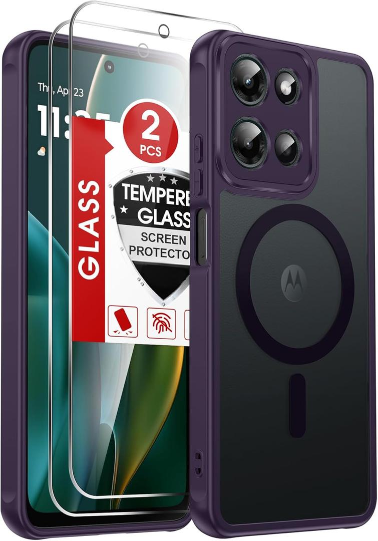 LeYi for Moto G-2025 Case: Motorola Moto-G-2025 Case with Screen Protector, [Magnet Fit] Matte Translucent Soft-Touch & Full Body Shockproof for G5G 2025 Women Men Gift, Purple