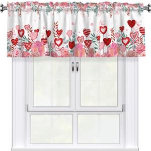 Miaoquhe Pink Rose Valentine's Valance for Window 54"x18", Valentine's Day Floral Leaf Kitchen Curtain Short Red Pink Love Heart Small Window Treatment Rod Pocket Cafe Valance for Home Bedroom Decor