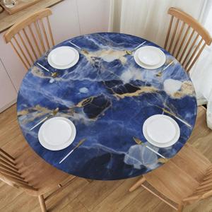 Blue Marble Tablecloth with Elastic Edge, Round Table Cover Washable Reusable Table Cloths for Kitchen Dining Party, Medium (Fits 45-50 in)