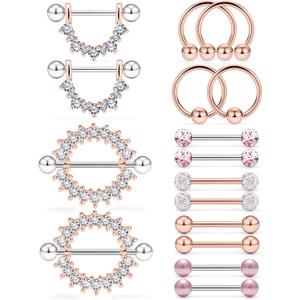 Ruifan 16G 9/16Inch Crystal Ball Nipple Tongue Tongue Shield Rings Stainless Steel Straight Barbell Body Piercing Jewelry Retainer