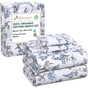 RUVANTI 100% Organic Cotton Sheets Queen Size, Percale Weave, GOTS Certified, 4-Piece Set, Deep Pocket 15", Crisp & Breathable, Soft Durable Bedding, Sbanas Algodn Orgnico  Deluxe