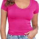 PALINDA V Neck Slim Fitted Shirts for Women Basic Casual Short Sleeve T Shirts Going Out Tops Sexy Y2K Tees (Small)
