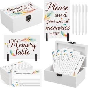 Gilprop 112 Pcs Celebration of Life Memory Cards Set Share a Memory Cards with Box 2 Wood Sign with 4 Hold and 5 Pens, Sympathy Memorial Gifts Funeral Keepsake Decorations(Feather)