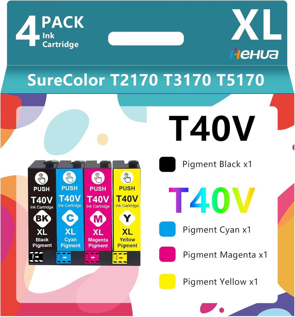 hehua T40V Ink Cartridge T40W (4-Pack,BK/C/Y/M) Compatible for T40V120 T40V220 T40V320 T40V420 Work for SureColor T5170 T5170M T3170M T3170 T2170 SC-T5170 SC-T3170 Printers (Black,Cyan,Yellow,Magenta)